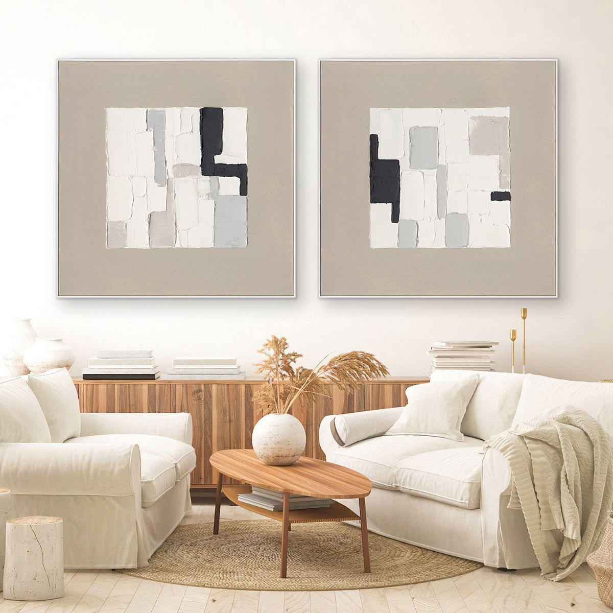 Bold monochrome blocks create striking balance, blending minimalism with timeless abstract elegance