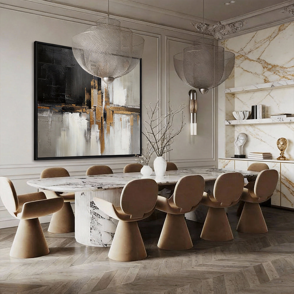 Handcrafted Elegance Golden Glow and Ink Shadow Harmony Painting-square canvas