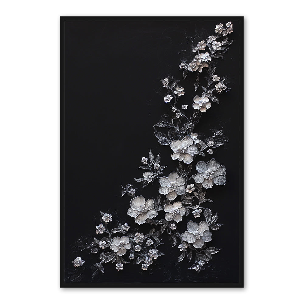 Silver Floral Cascade – Modern Minimal Relief Style Handmade Oil Painting Wall Art