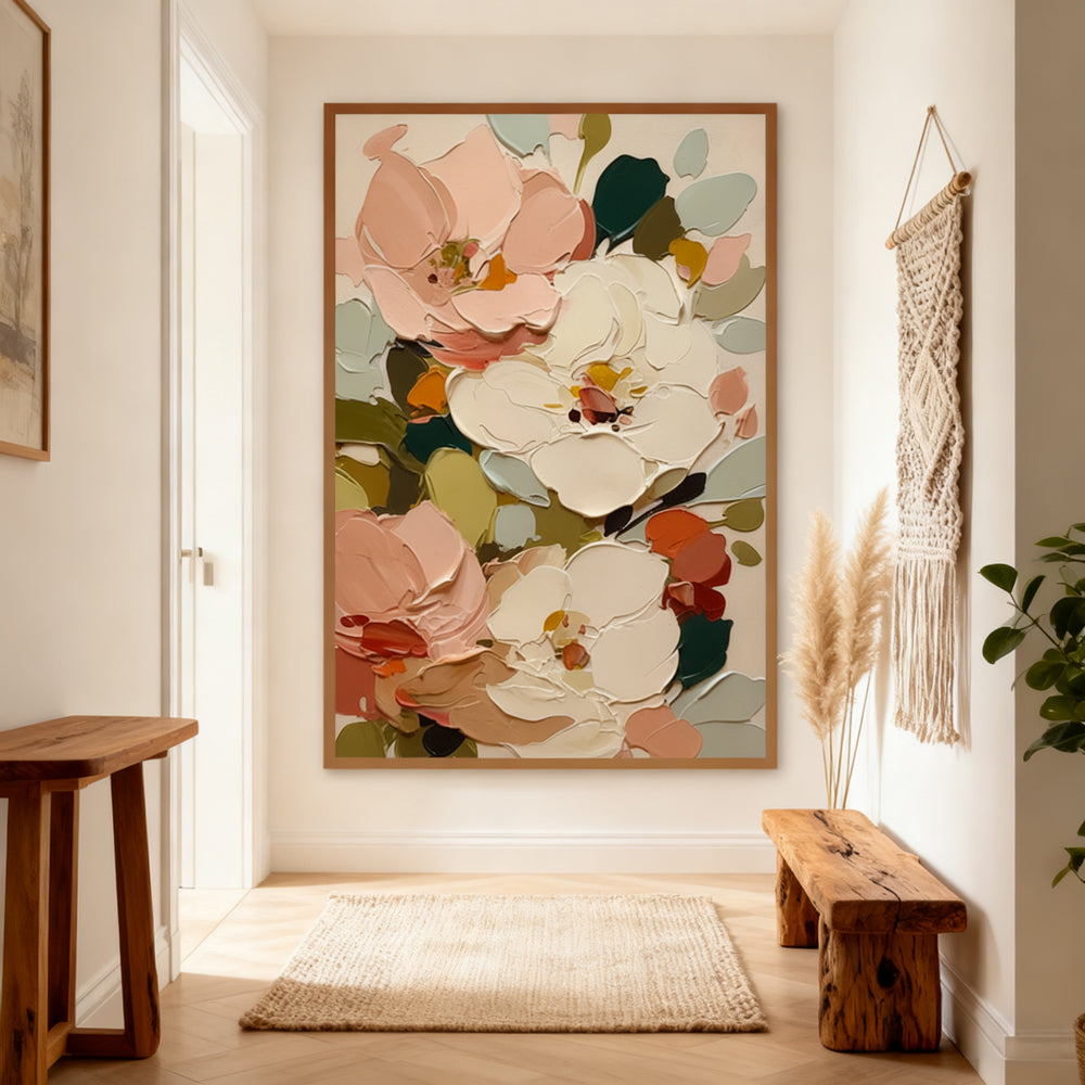 Blooming Garden Harmony – Modern Floral Palette Knife Artwork, Handmade Oil Painting Wall Art