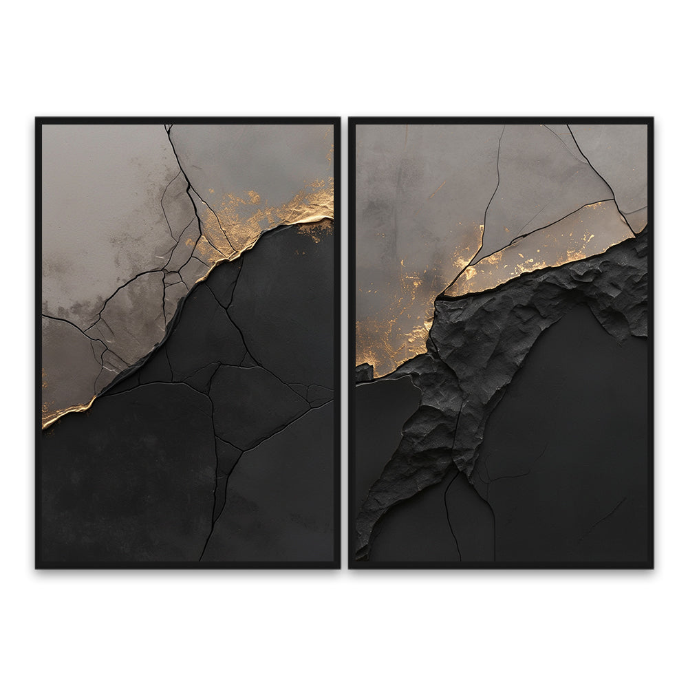 Cracked Stone & Gold Vein Theme Painting – Modern Abstract Style Handmade Texture Wall Art (Set of 2)
