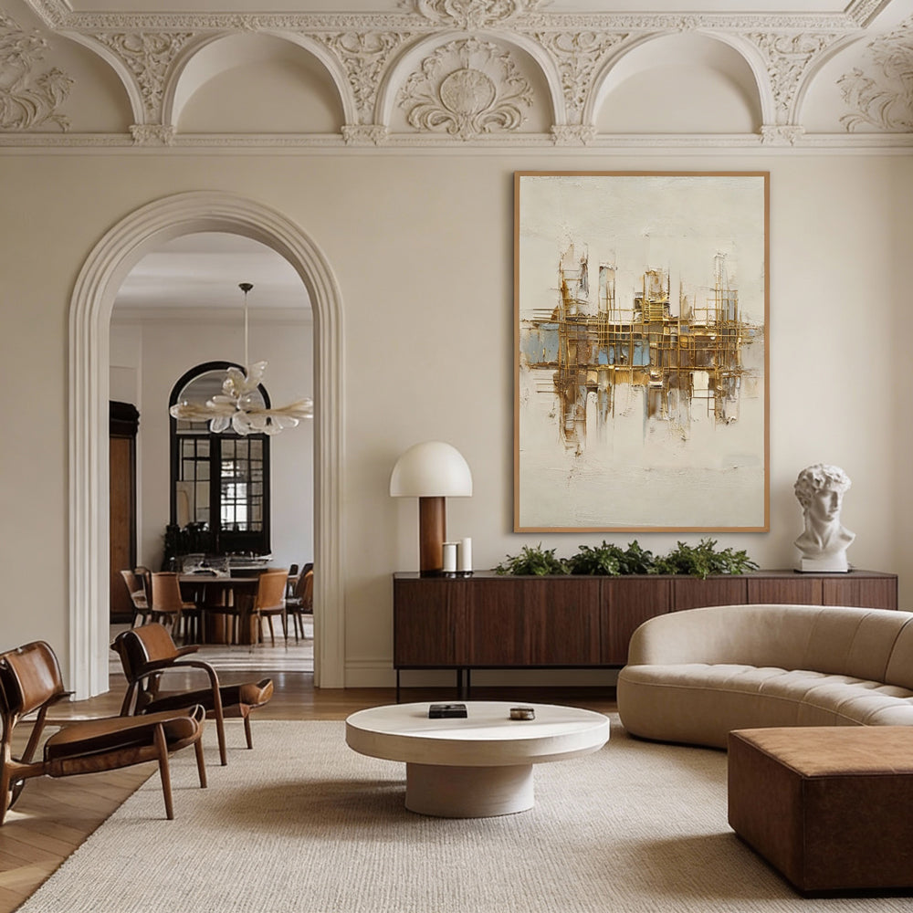 Golden Grid Structure Theme Painting – Modern Abstract Style Handmade Texture Wall Art-Portrait Orientation