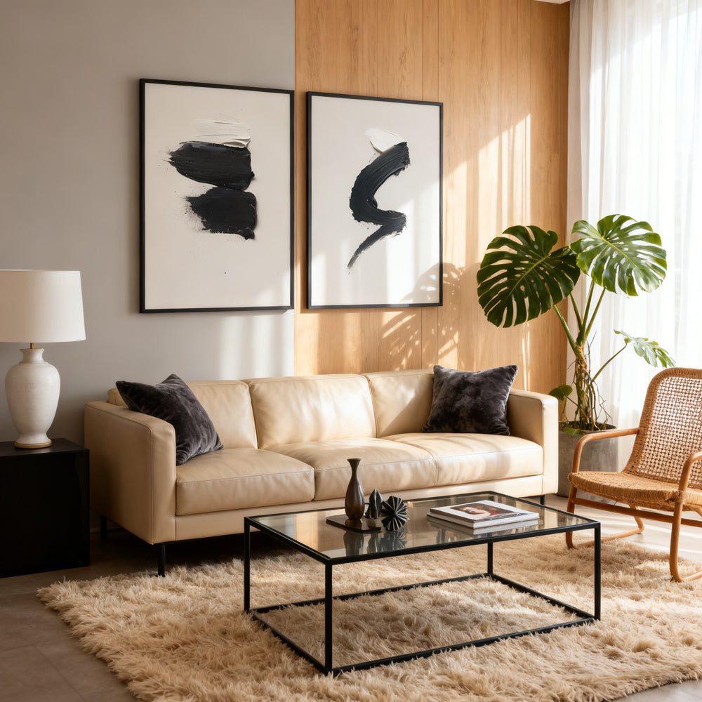 Black & White Stroke Duo – Minimalist Abstract Style Handmade Oil Painting Wall Art (Set of 2)