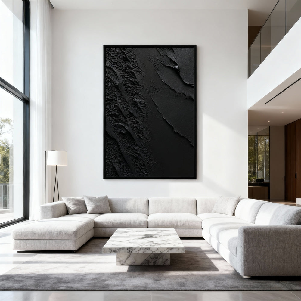Black Terrain Texture Theme Painting – Minimalist Abstract Style Handmade Texture Wall Art