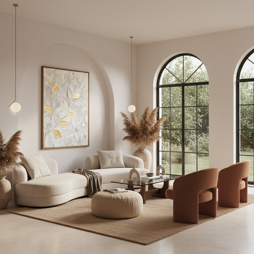 Still Veins– Hand-Painted Textured Floral Oil Painting Wall Art in White and Gold