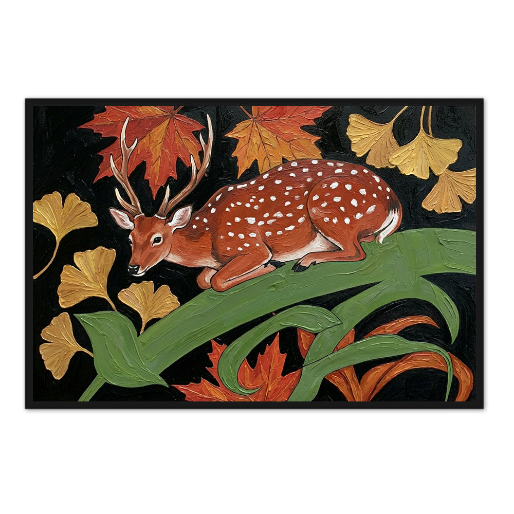 Deer & Autumn Leaves Art Panel – Folk Art Style – Warm Earth Tones – Botanical Wildlife Wall Art