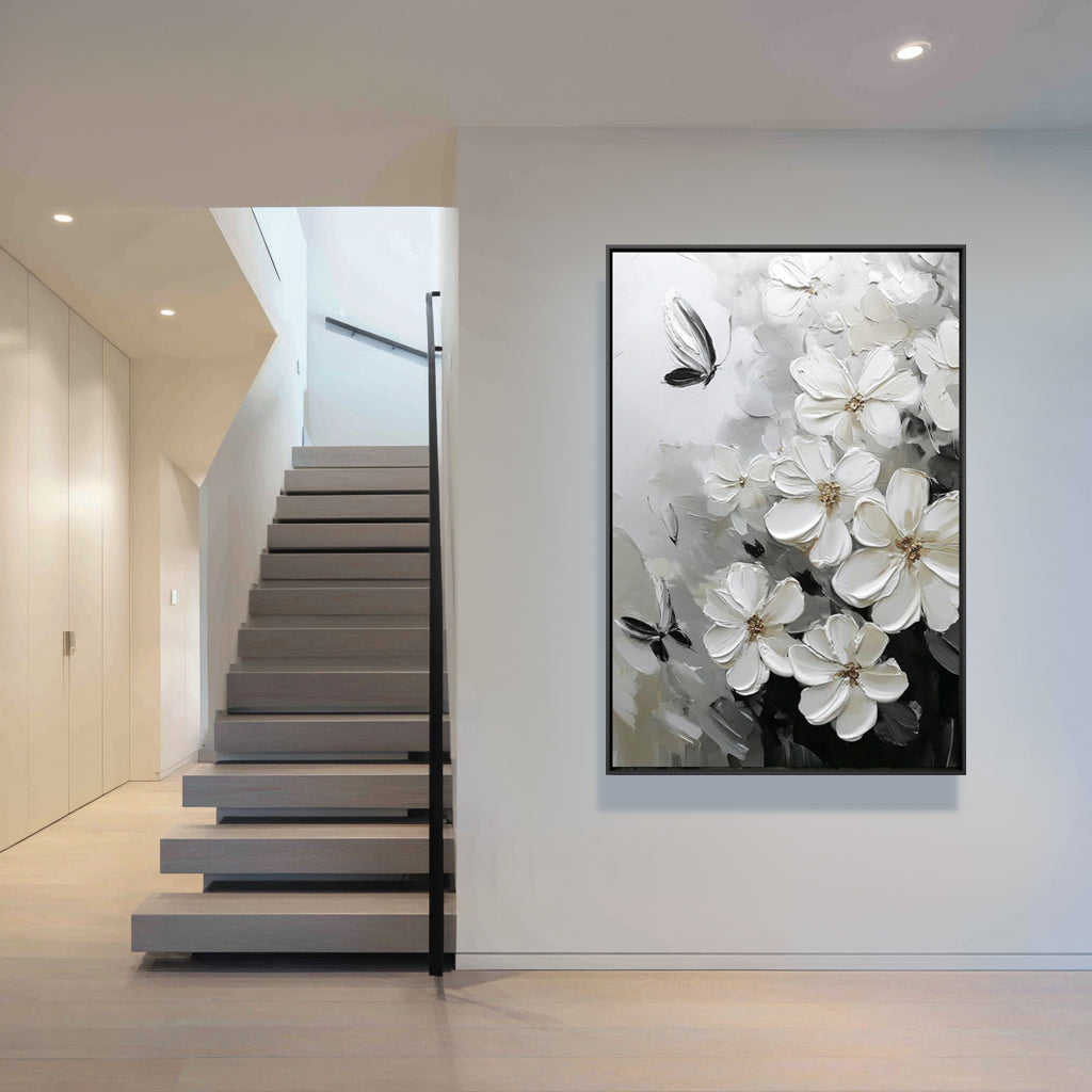 Dancing White Butterflies Among the Blossoms Handcrafted Painting Wall Decor