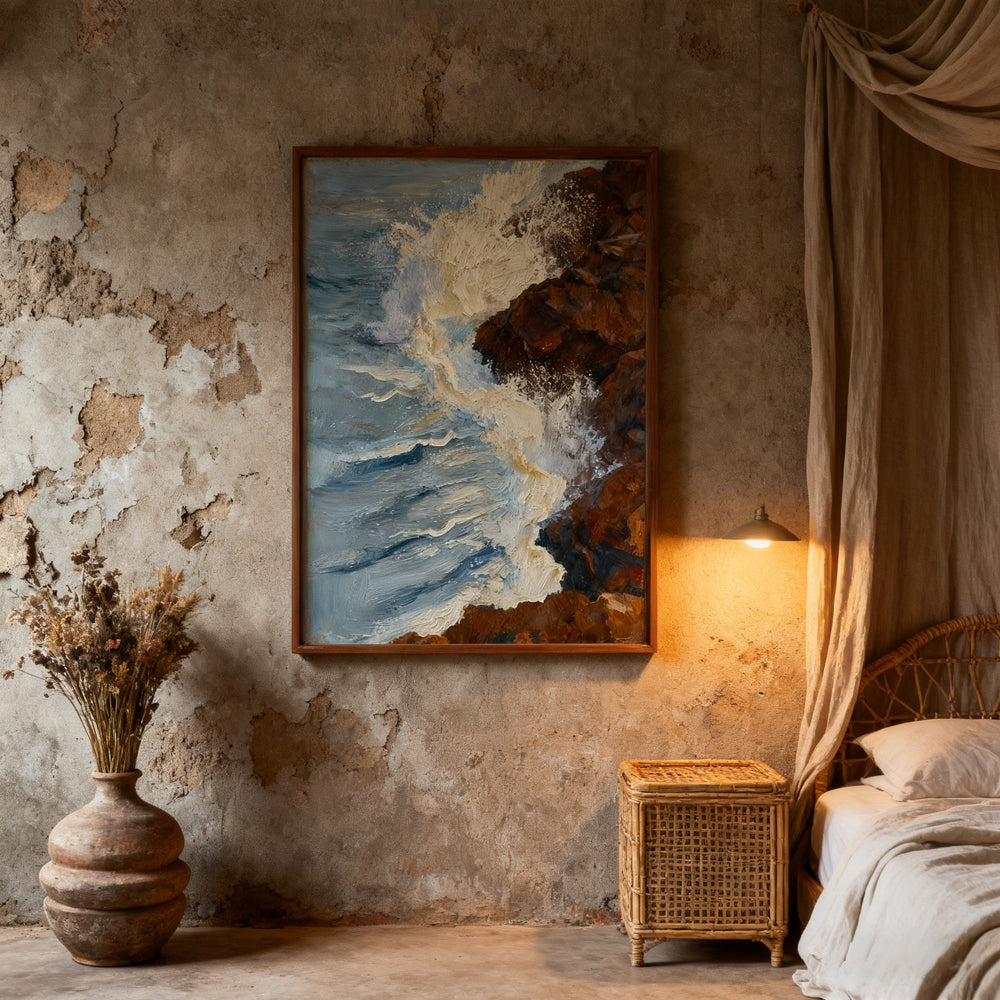 Waves Against the Cliffs Texture Art – Impressionistic Seascape Style Handmade Oil Painting Wall Art