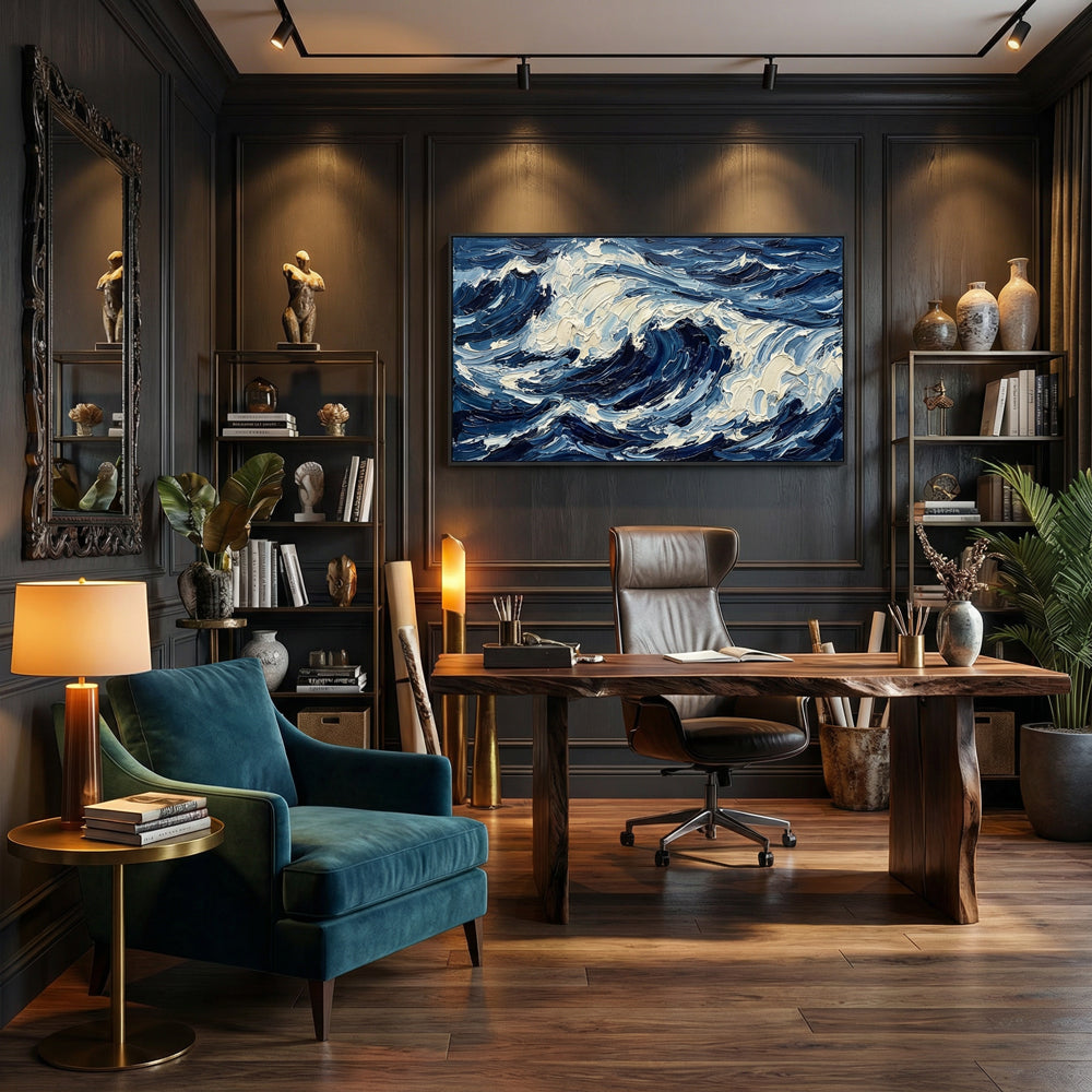 Endless Blue Waves | Contemporary Abstract Ocean Handmade Oil Painting Wall Art