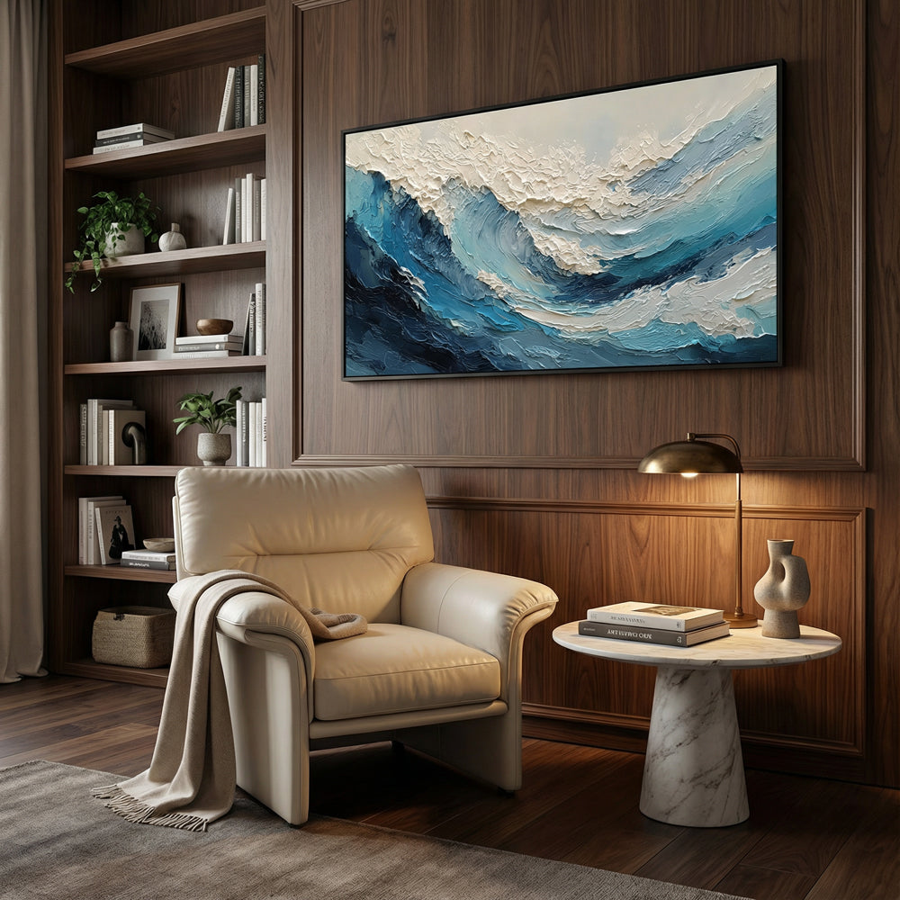 Azure Crest Motion | Abstract Seascape Expressionist Handmade Oil Painting Wall Art