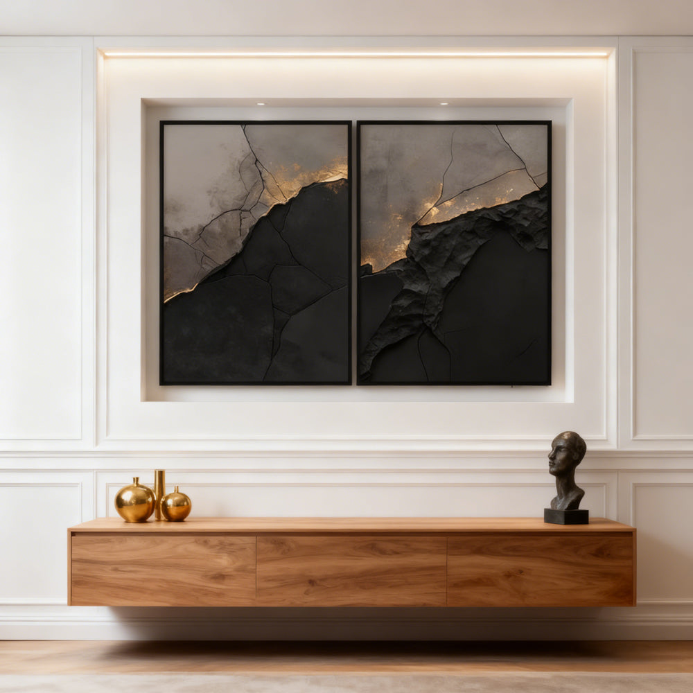 Cracked Stone & Gold Vein Theme Painting – Modern Abstract Style Handmade Texture Wall Art (Set of 2)