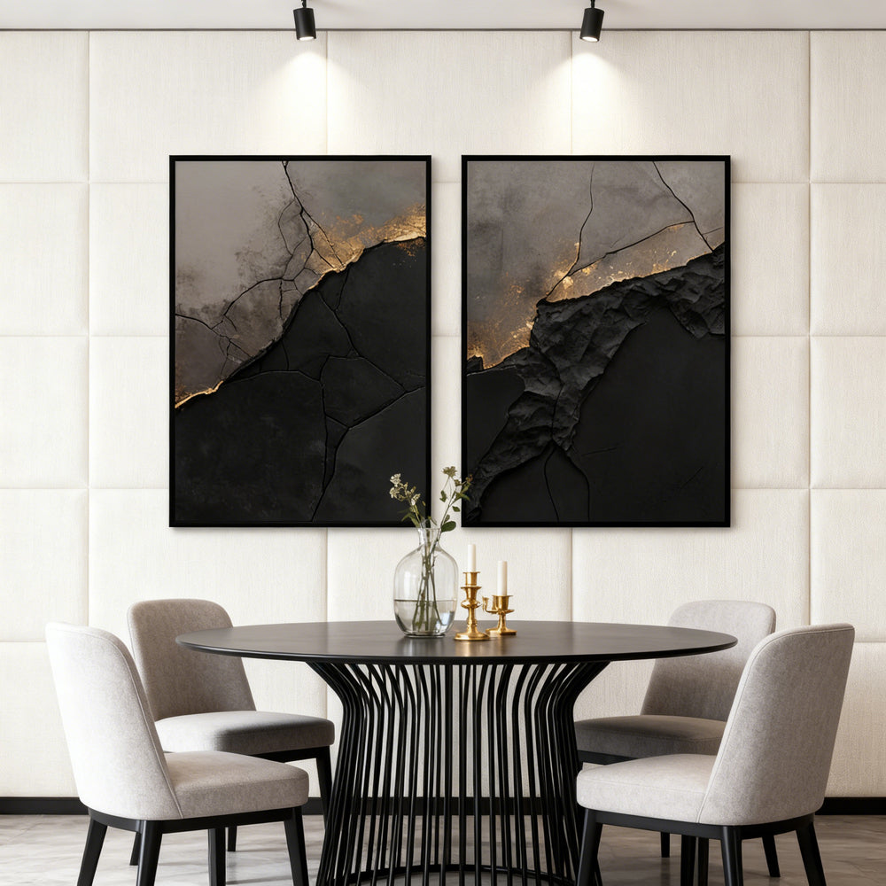 Cracked Stone & Gold Vein Theme Painting – Modern Abstract Style Handmade Texture Wall Art (Set of 2)