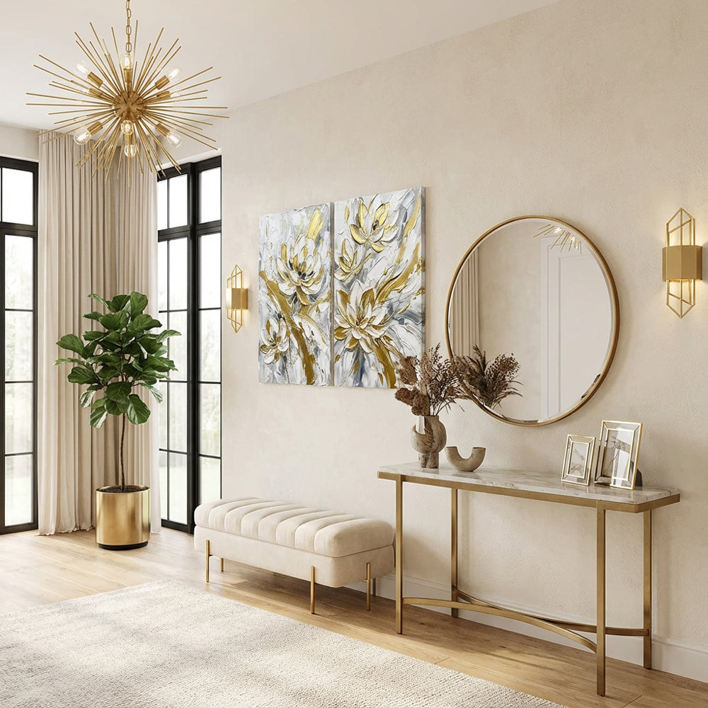 Golden Petals Symphony | Modern Abstract Floral Hand-Painted Oil Painting Wall Art (set of 2)