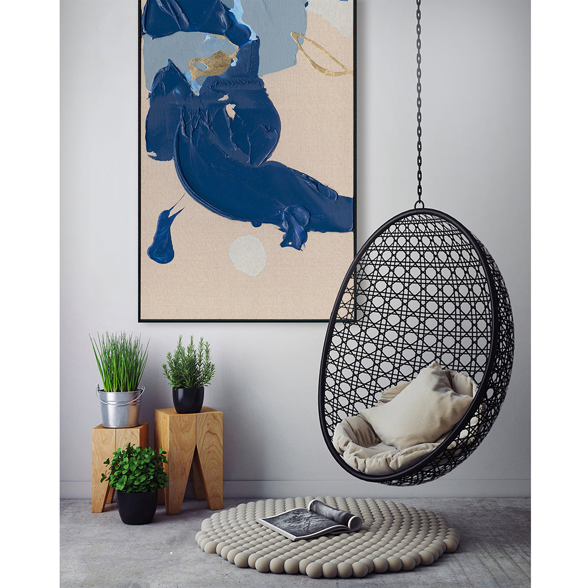 Navy Blue & Gold Accent Brushstrokes Hand-Painted Abstract Canvas