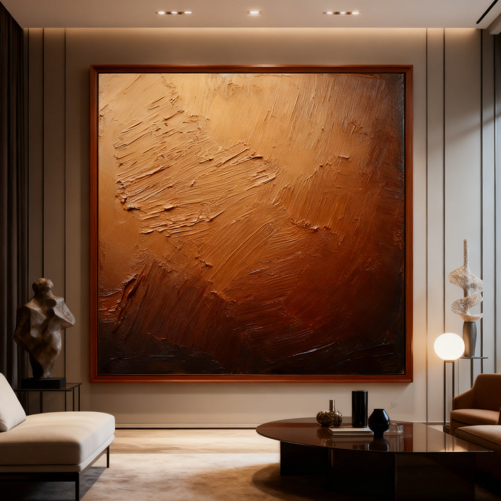 Bronze Horizon Texture Art – Abstract Expressionist Style Handmade Oil Painting Wall Art