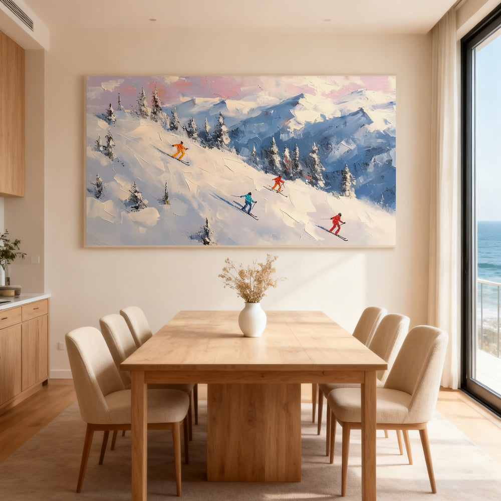 Alpine Sunset Ski Escape – Impressionist Impasto Style Handmade Oil Painting Wall Art
