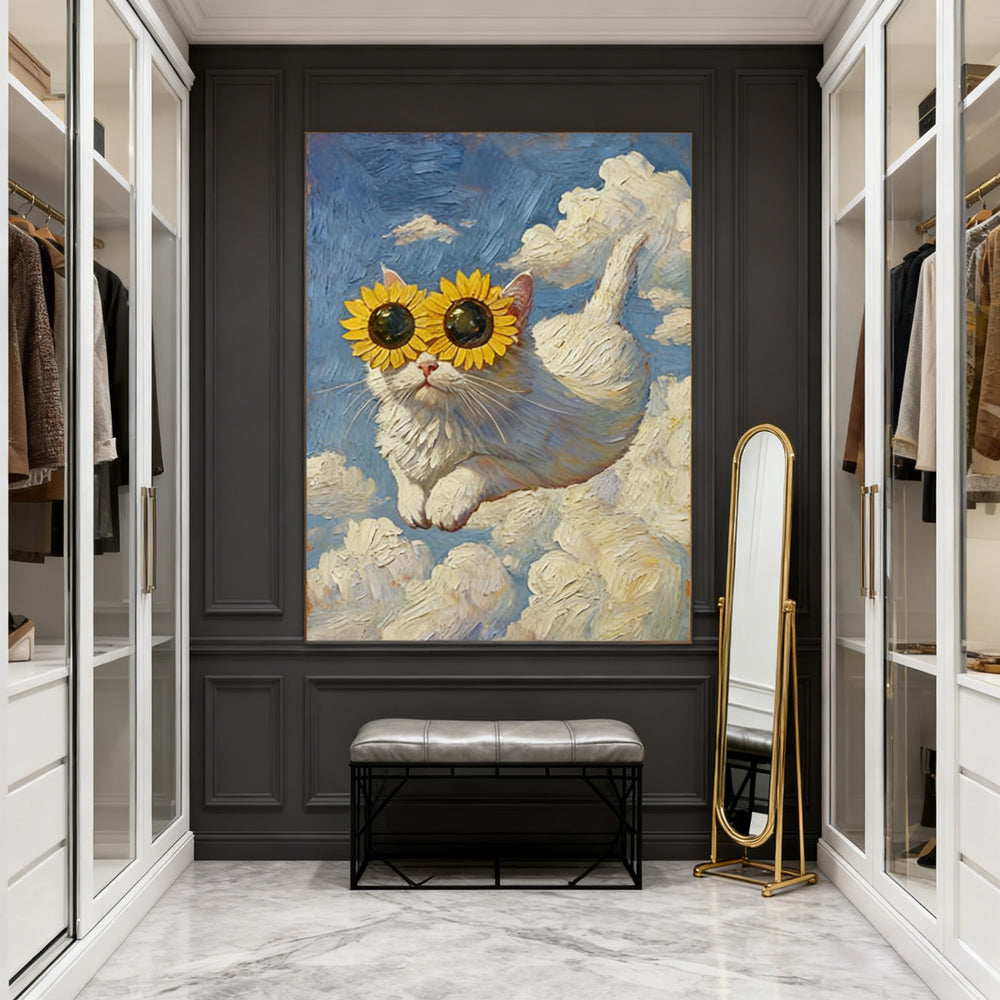 Sunflower Shades Cat – Surreal Fantasy Style Hand-Painted Oil Painting Wall Art