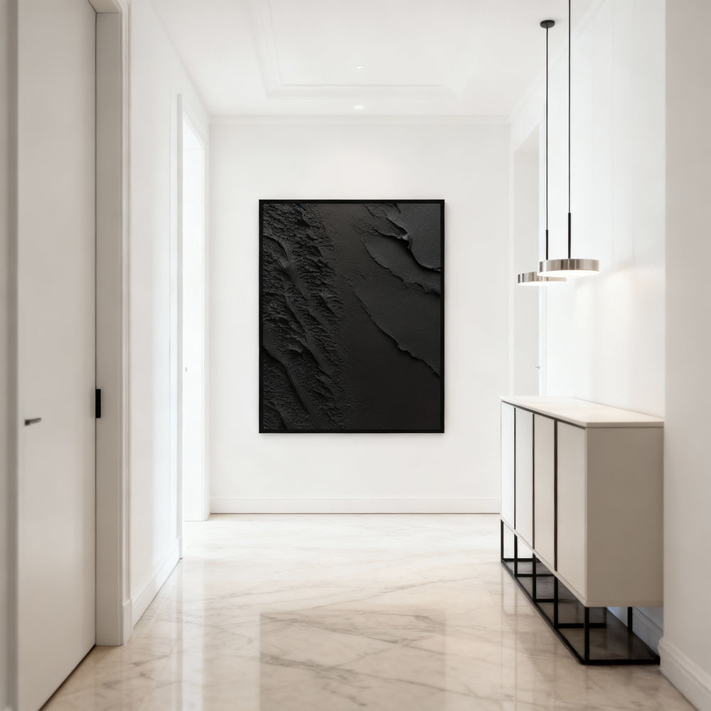 Black Terrain Texture Theme Painting – Minimalist Abstract Style Handmade Texture Wall Art