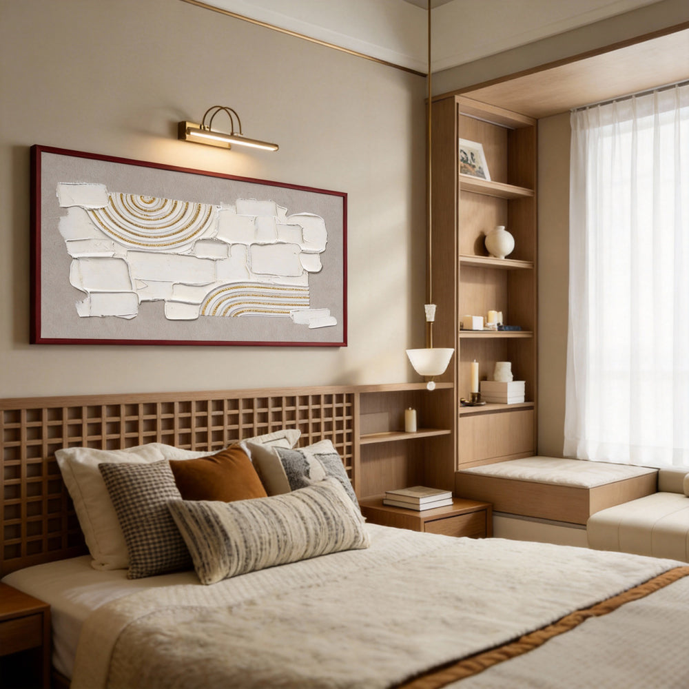 Original handmade texture art, crafted with plaster and golden lines, adding unique depth and serene modern Wabi-Sabi charm.--Landscape Orientation