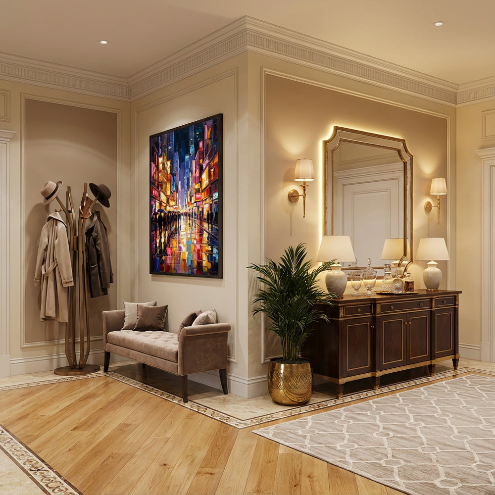 Neon Rain Street — Contemporary Expressionist Hand-Painted Oil Painting Wall Art