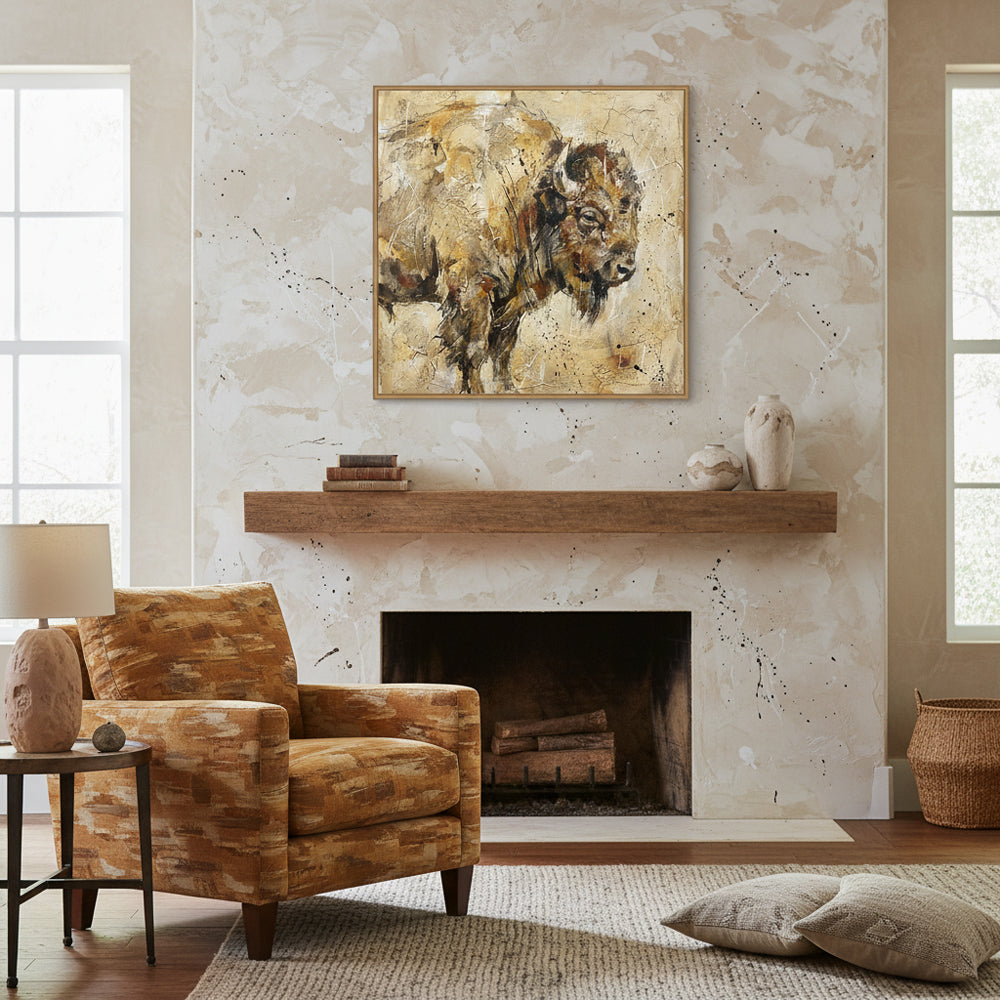 Bison Wildlife Art Painting – Textured Expressionist Style – Earthy Brown Tones – Abstract Brush & Splatter Elements
