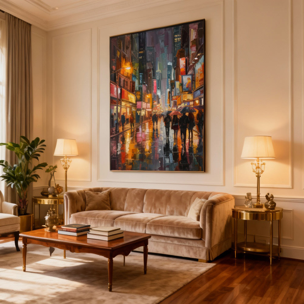 City Lights After Rain — Modern Impressionist Hand-Painted Oil Painting Wall Art