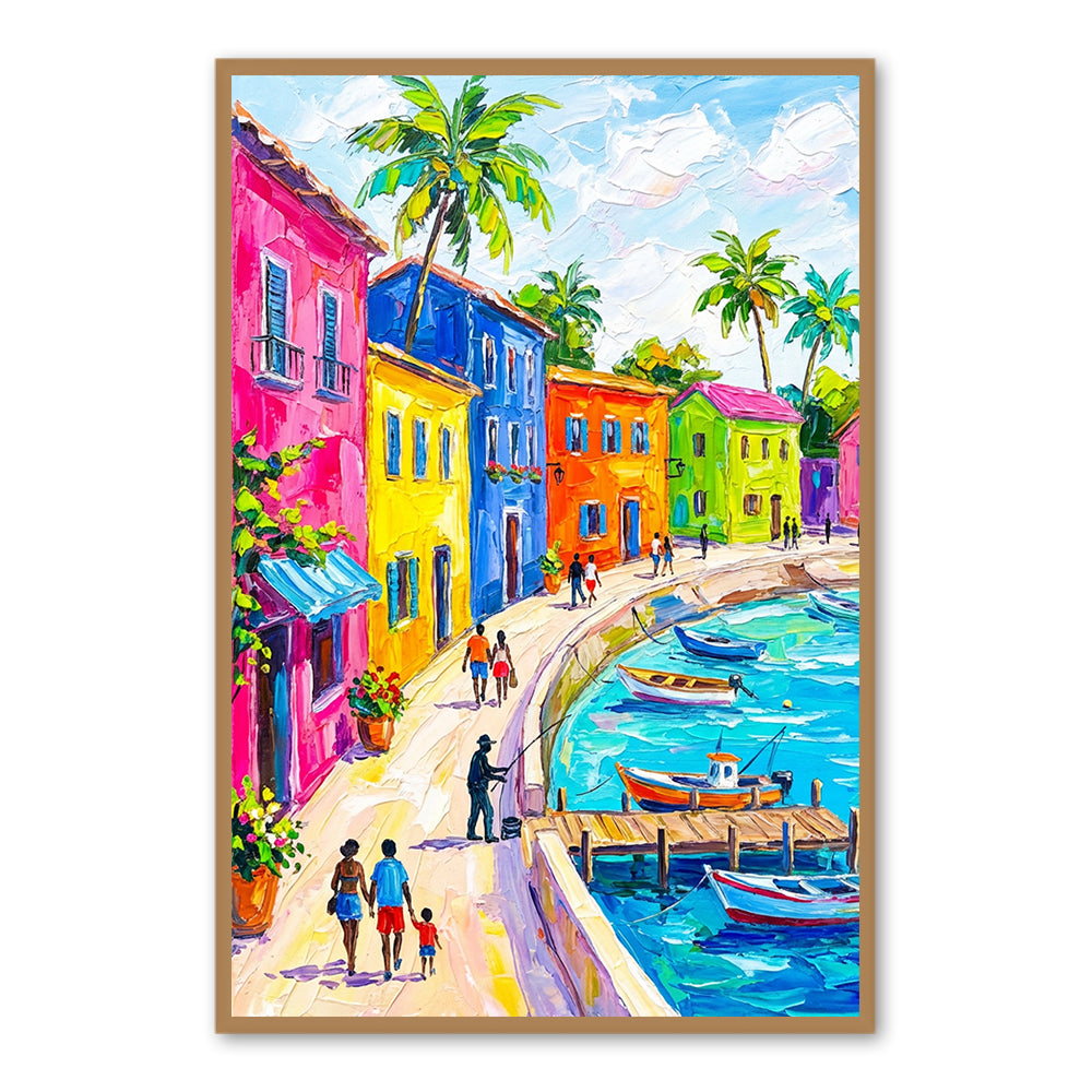 Vibrant Coastal Town Painting – Impressionist Palette Knife Style Handcrafted Painting artwall