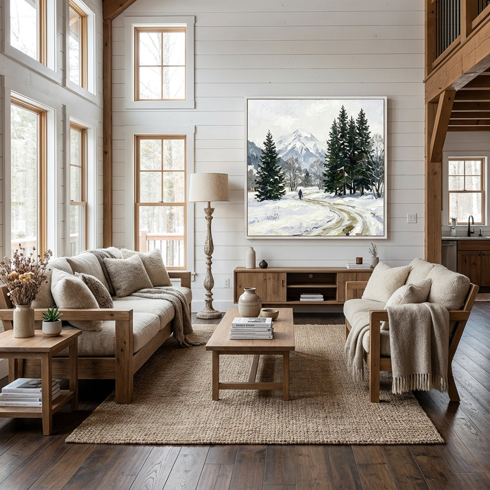 Winter Path Reflections – Impressionist Snowy Forest Landscape Oil-Style Artwork Handcrafted Painting