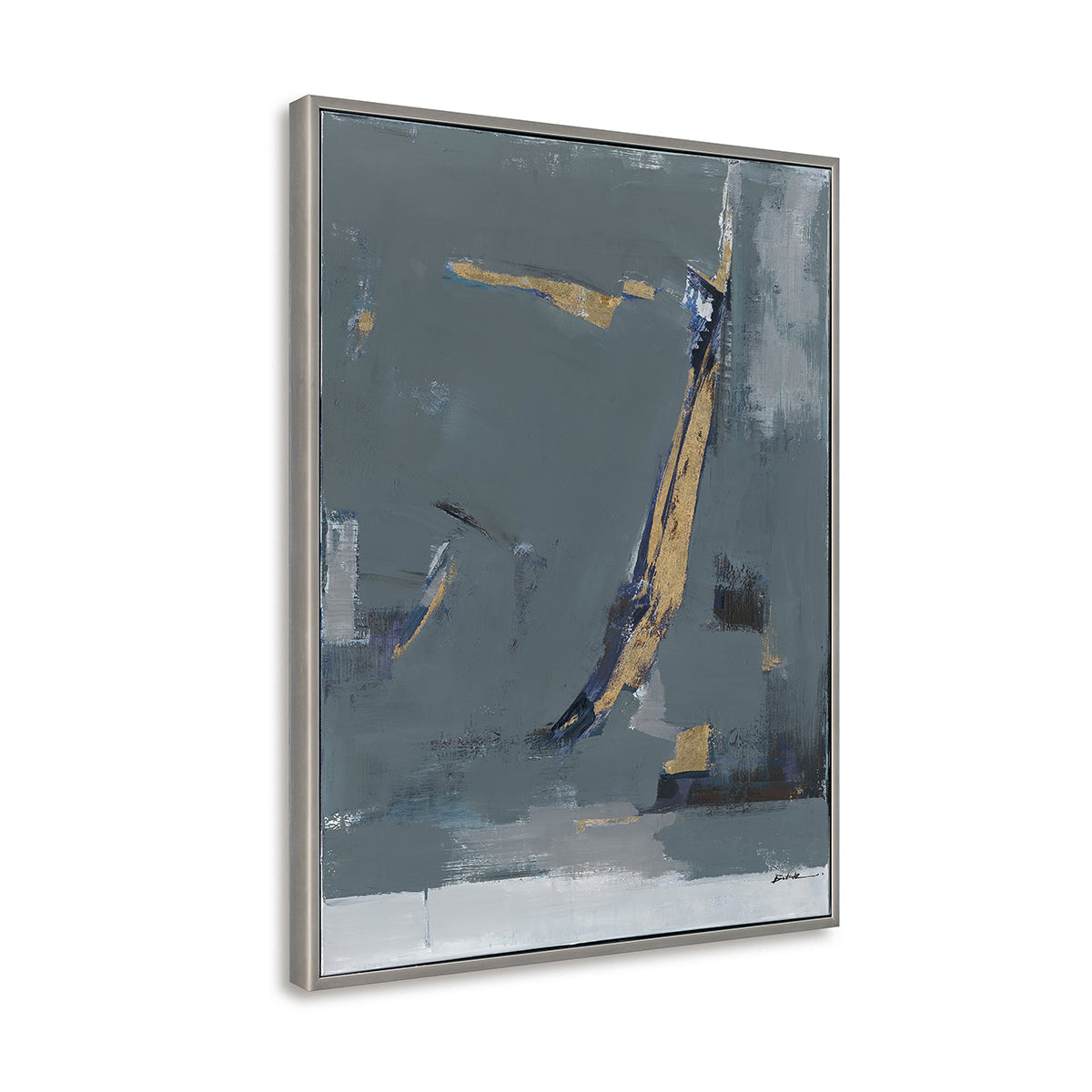 Minimalist abstraction in muted greys and gold creates balance, mystery, and sophistication