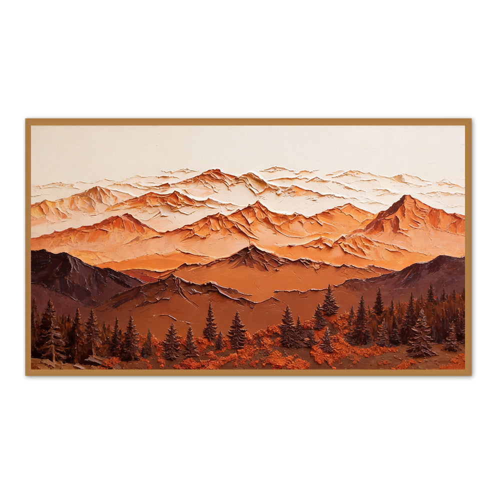 Majestic Mountain Serenity – Abstract Texture Landscape in Warm Earth Tones, Layered Peaks and Forest Elements-Landscape Orientation