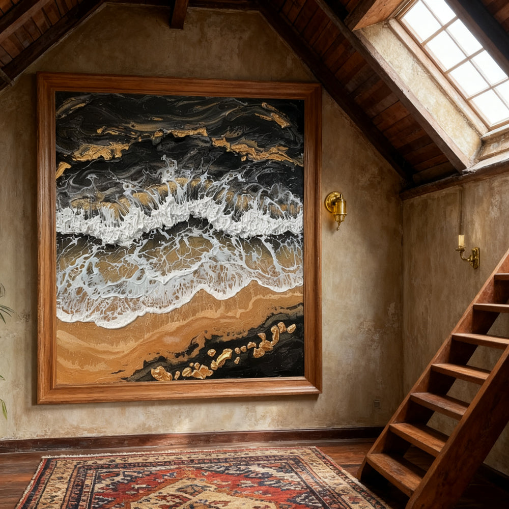 Black, White & Gold Tones – Waves, Sand & Rock Elements  Handcrafted Painting