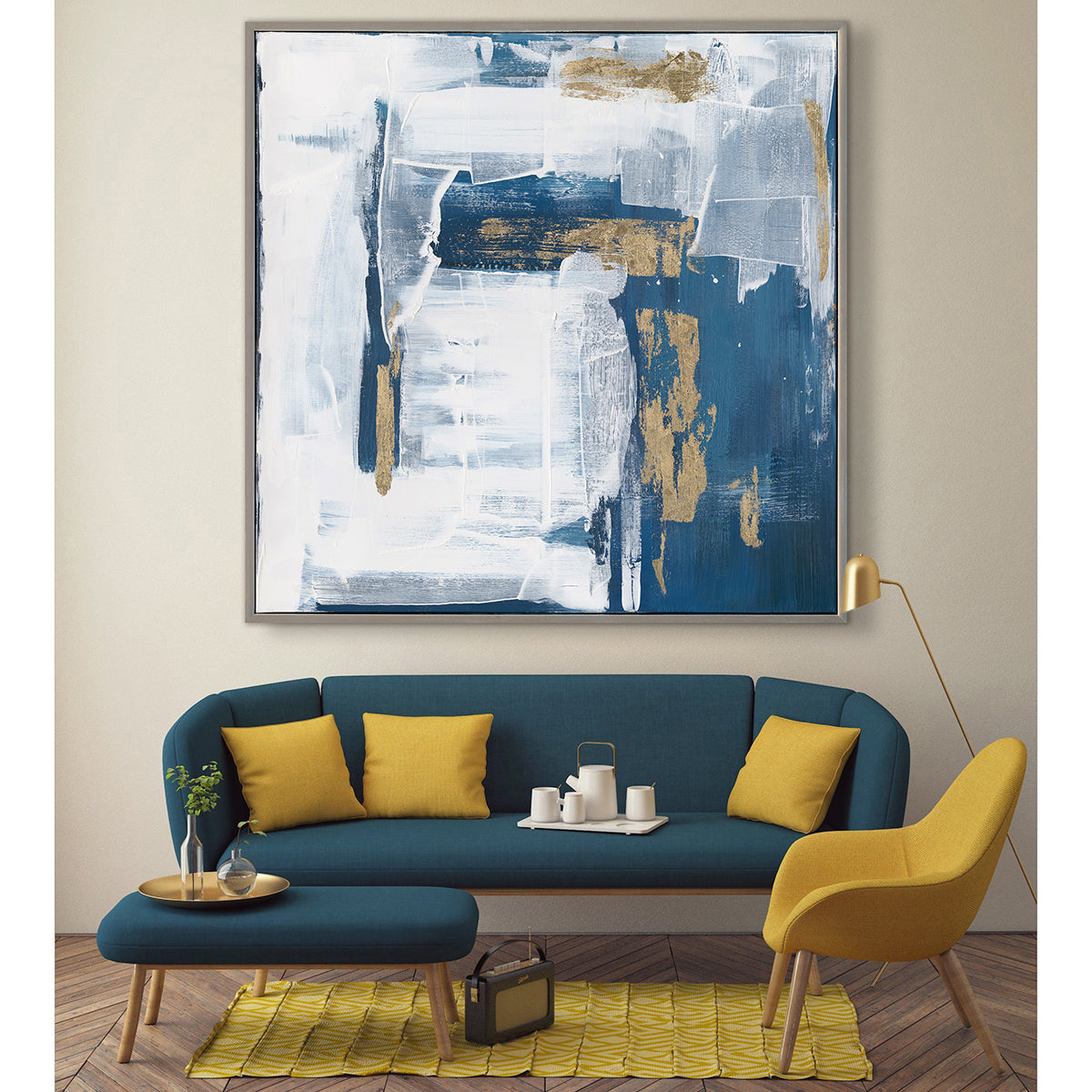 Bold navy strokes with golden accents evoke strength, elegance, and modern abstract luxury.
