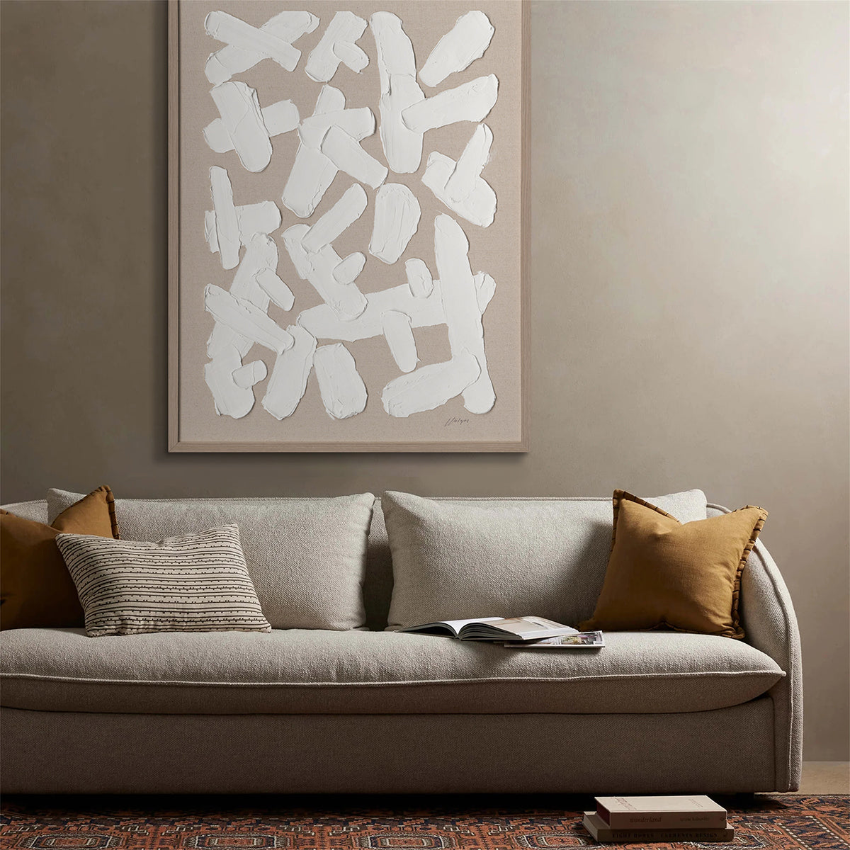 Bold white textures on natural canvas embody purity, simplicity, and modern abstract elegance