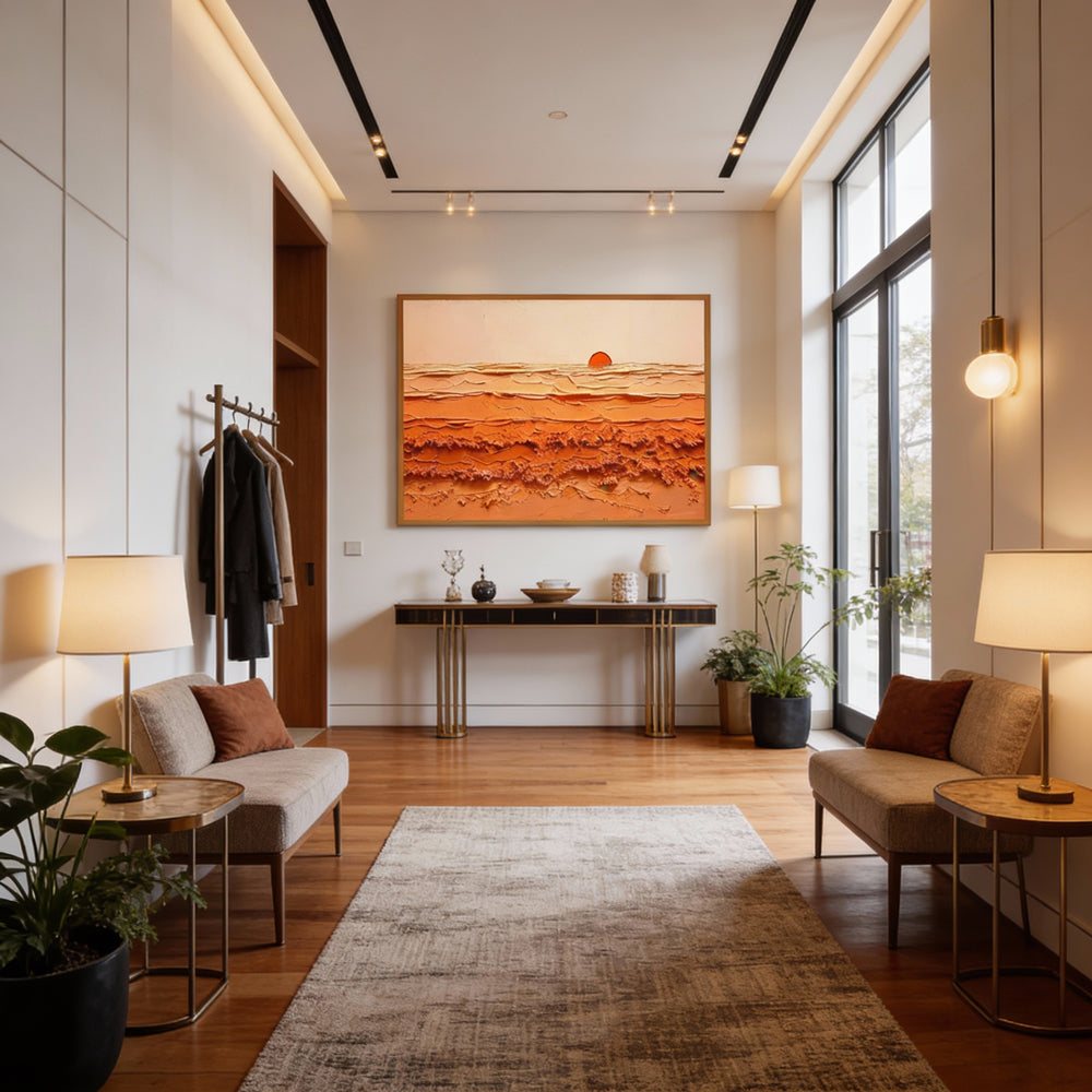 Sunrise Harmony – Abstract Texture Landscape in Warm Orange Tones, Sunset Over Waves Extra Large Handmade paintings