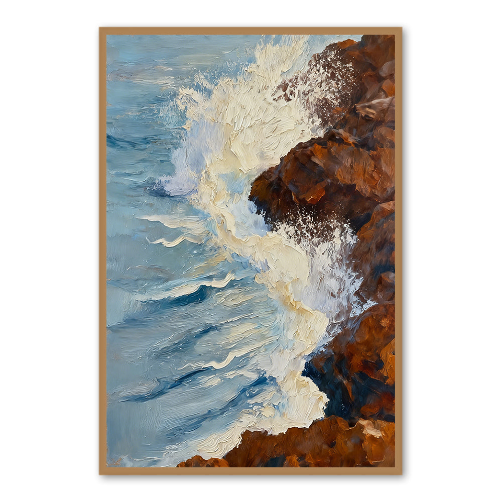 Waves Against the Cliffs Texture Art – Impressionistic Seascape Style Handmade Oil Painting Wall Art