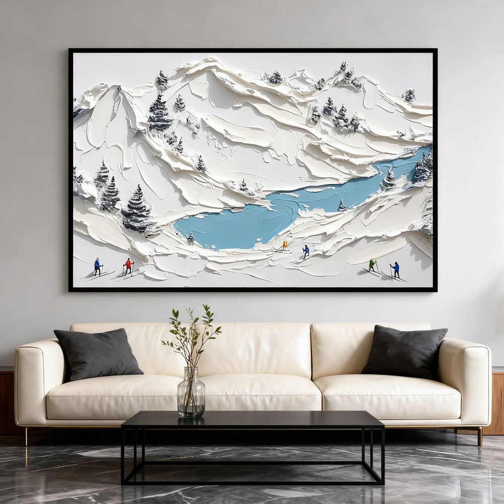 Winter Expedition – Handcrafted Palette Knife Painting, Snowy Mountain Landscape, Skiers in the Alps