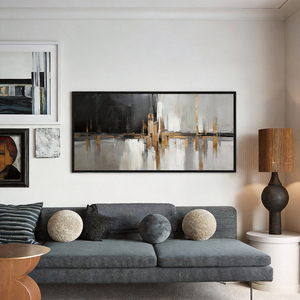 Handcrafted Elegance Golden Glow and Ink Shadow Harmony Painting-Landscape Orientation