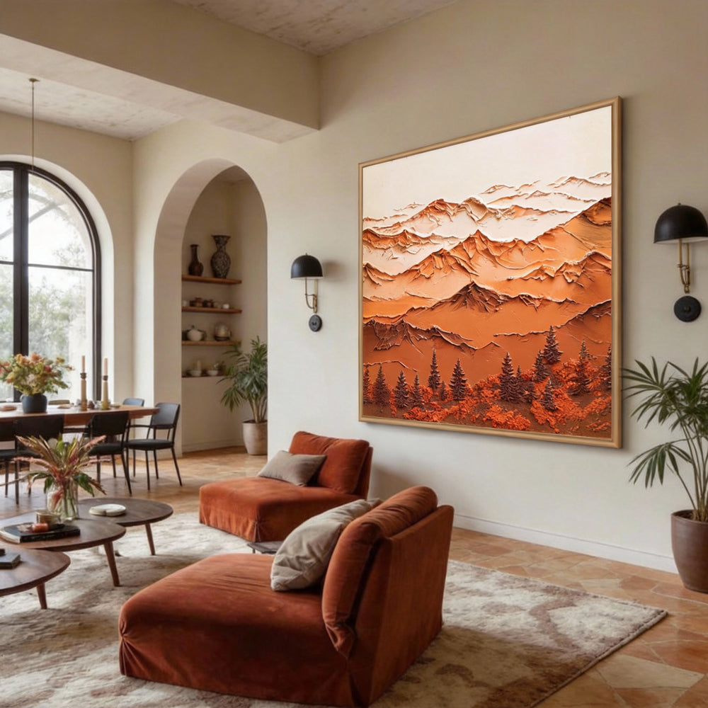 Majestic Mountain Serenity – Abstract Texture Landscape in Warm Earth Tones, Layered Peaks and Forest Elements-square canvas