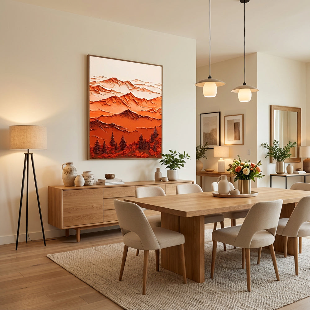 Majestic Mountain Serenity – Abstract Texture Landscape in Warm Earth Tones, Layered Peaks and Forest Elements
