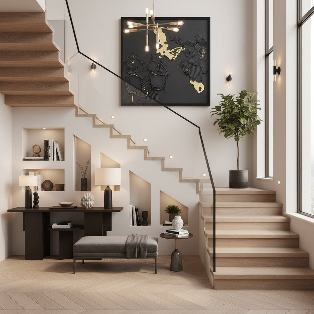 Handmade Abstract Wall Art – Black Textured Painting with Gold Accents