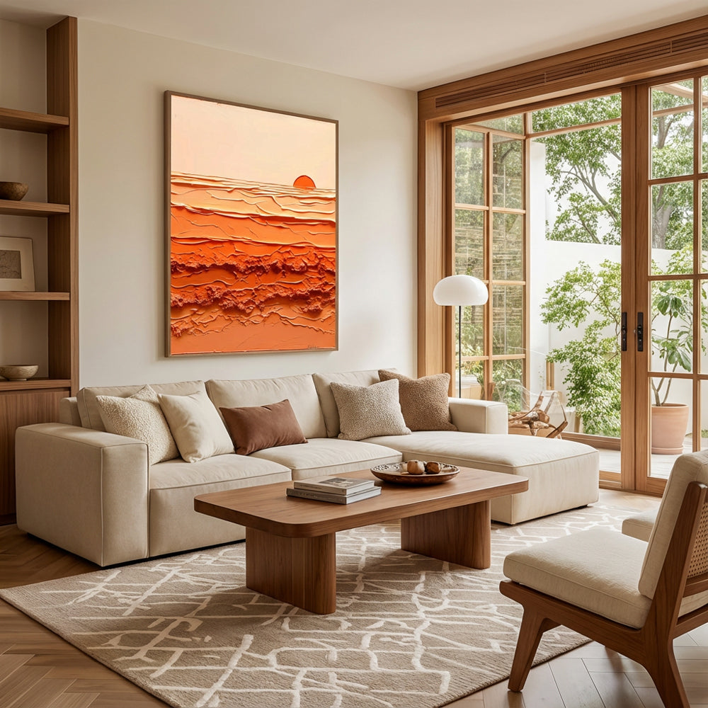 Sunrise Harmony – Abstract Texture Landscape in Warm Orange Tones, Sunset Over Waves