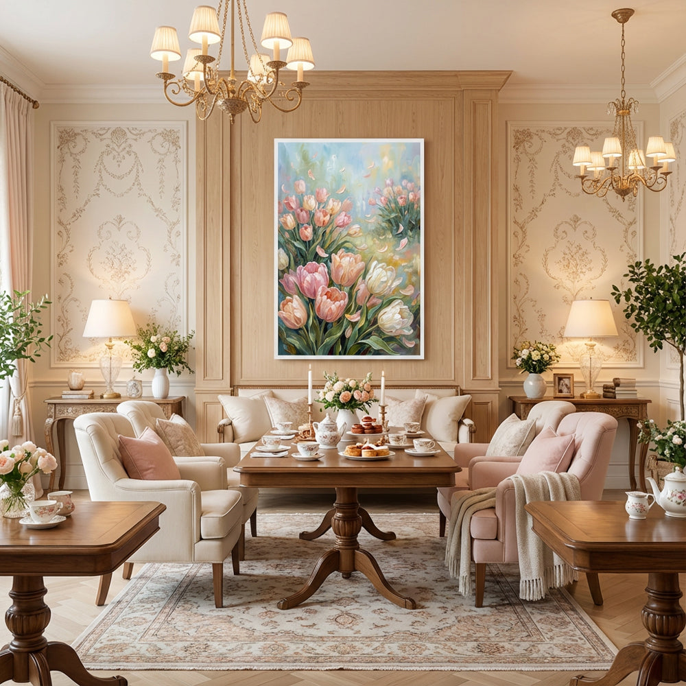 Dancing Petals in Morning Light – Impressionist Tulip Meadow Oil-Style Artwork original oil painting