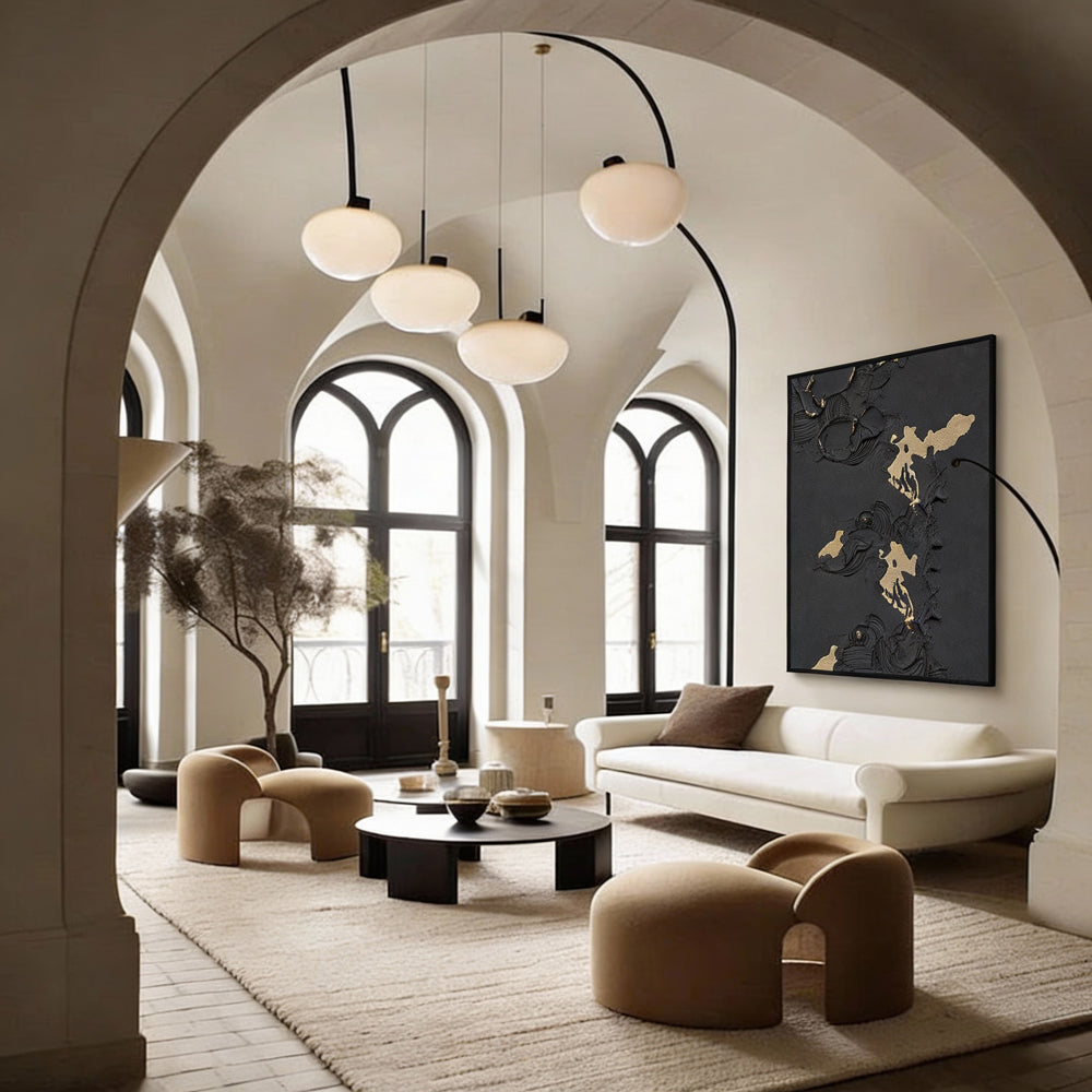 Handmade Abstract Wall Art – Black Textured Painting with Gold Accents-Portrait Orientation