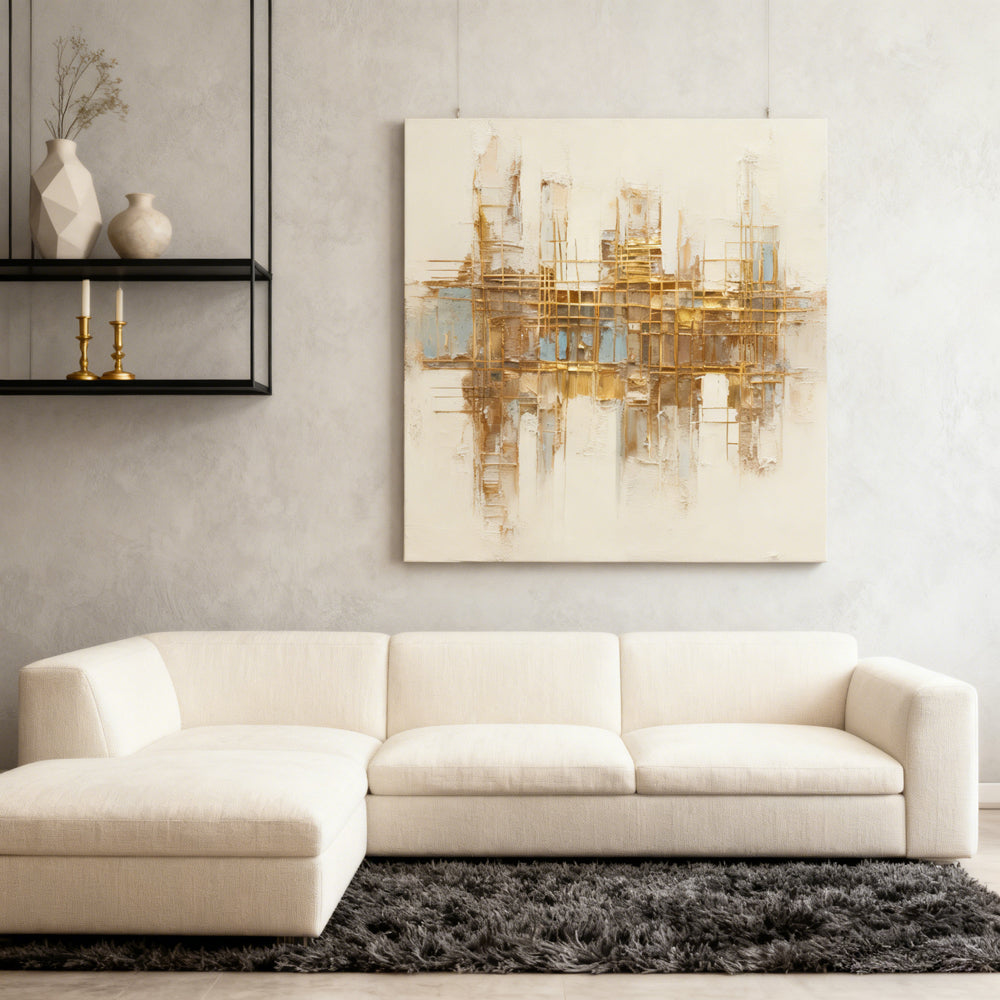 Golden Grid Structure Theme Painting – Modern Abstract Style Handmade Texture Wall Art