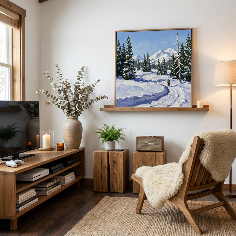 Tracks in the Winter Blue – Impressionist Snowfield Journey Oil-Style Artwork Handcrafted Painting