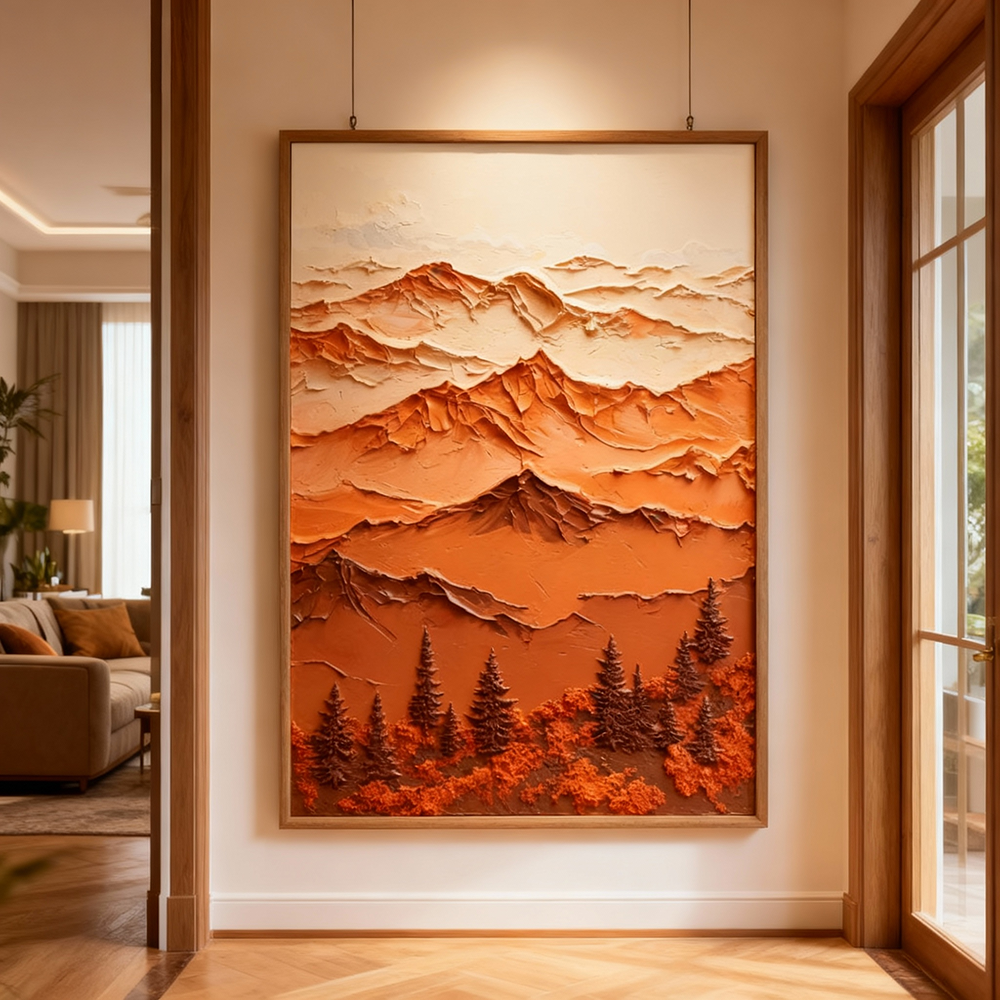 Majestic Mountain Serenity – Abstract Texture Landscape in Warm Earth Tones, Layered Peaks and Forest Elements