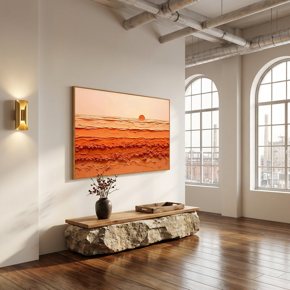 Sunrise Harmony – Abstract Texture Landscape in Warm Orange Tones, Sunset Over Waves Extra Large Handmade paintings