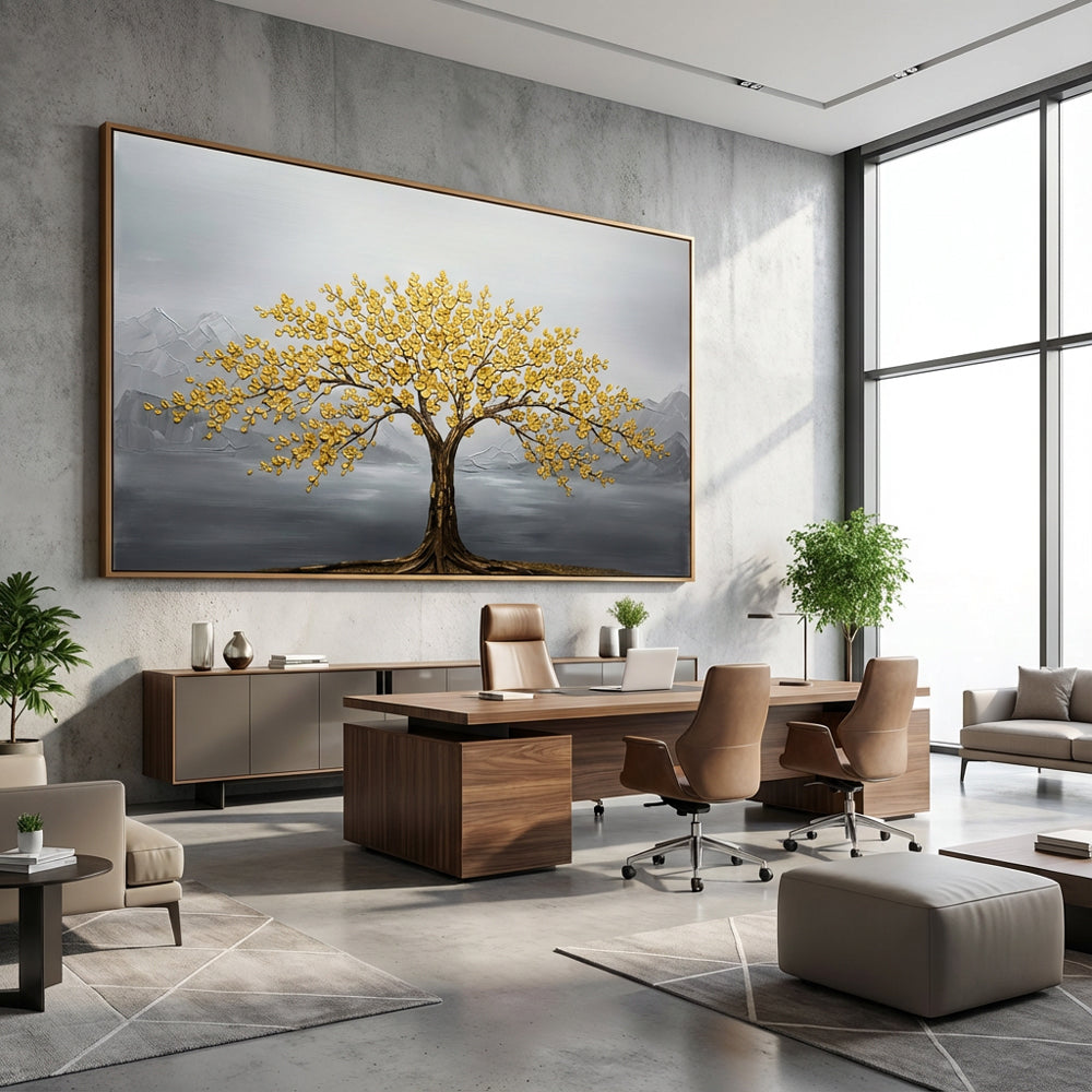 Golden Blossom Tree Painting – Modern Textured Art Style  Handcrafted  wall art