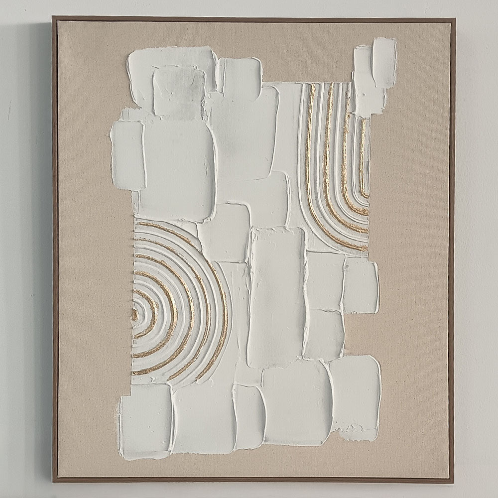 Arte original con textura hecha a mano, elaborada con yeso y líneas doradas, que añade una profundidad única y un encanto moderno y sereno Wabi-Sabi.