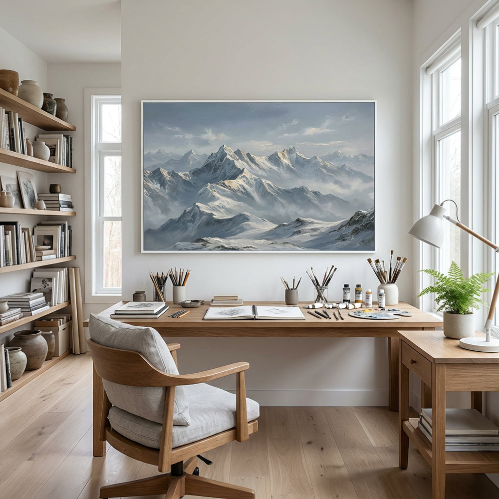 Echoes of the White Range – Realist Snow Mountain Landscape Oil-Style Artwork Handcrafted Painting